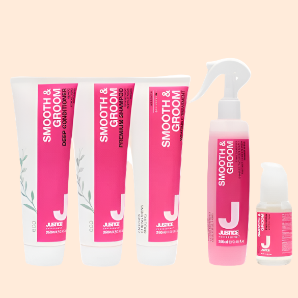 Set of Smooth & Groom hair care products including bottles and spray bottle